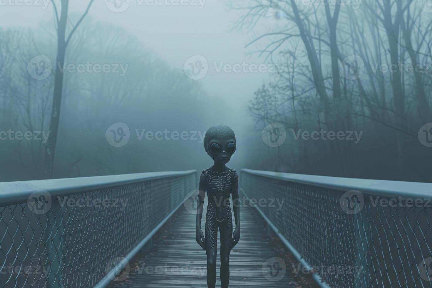 An alien standing on a bridge in the fog photo