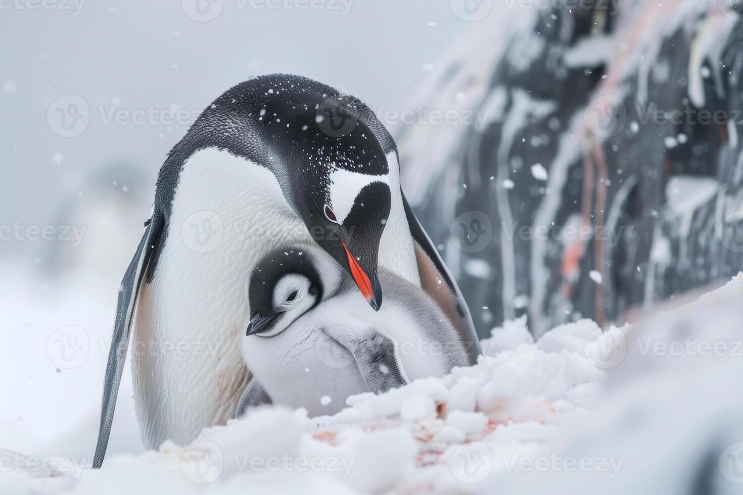 A mother penguin is holding her baby penguin in the snow photo