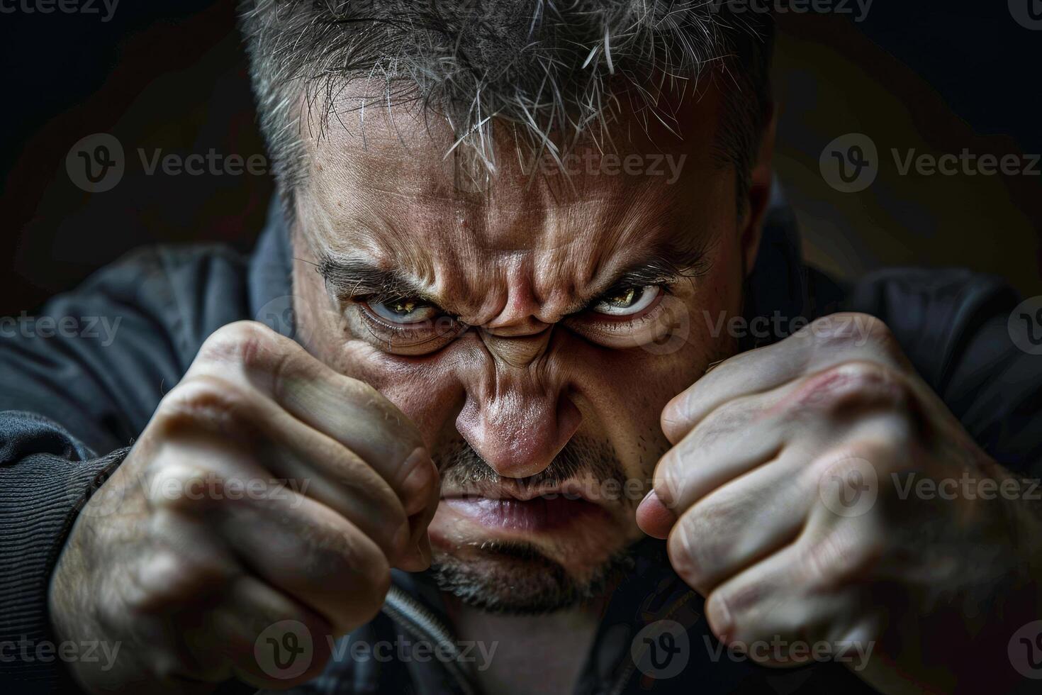 A man with a scowl on his face is punching the air photo