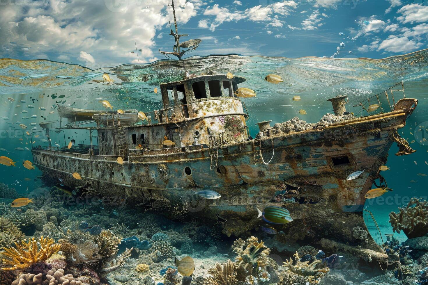 A shipwreck is shown in the ocean with fish swimming around it photo