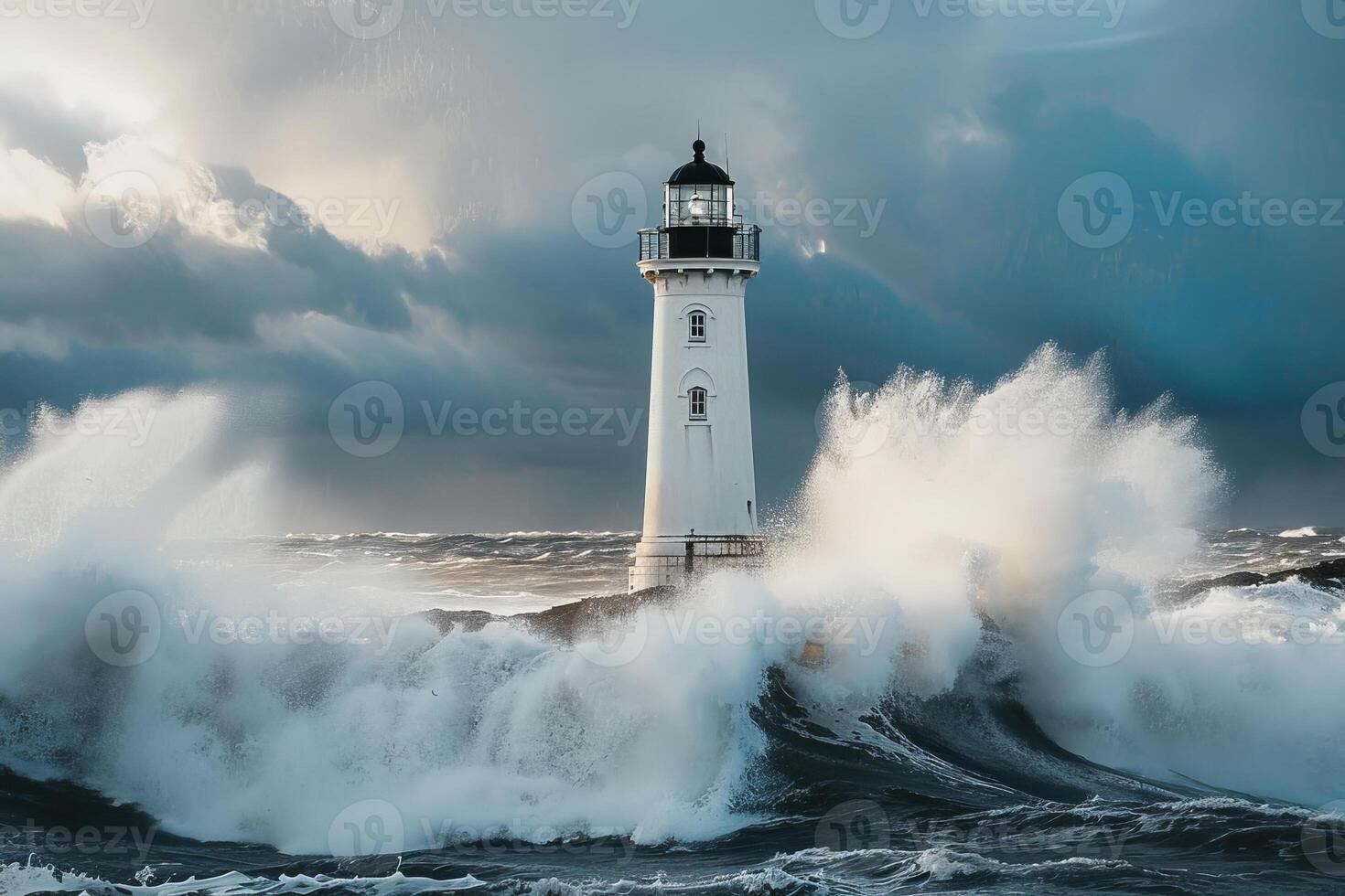 A lighthouse is in the middle of a large wave photo