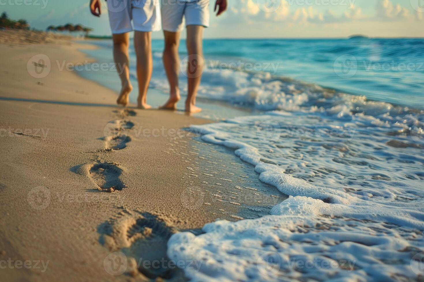 Two people walking on a beach with the ocean in the background photo