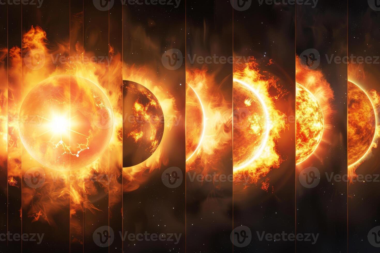 A series of images of the sun with the first one being a close up of the sun photo