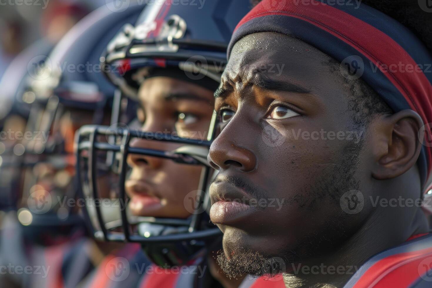 A group of football players are lined up, one of whom is looking at the camera photo