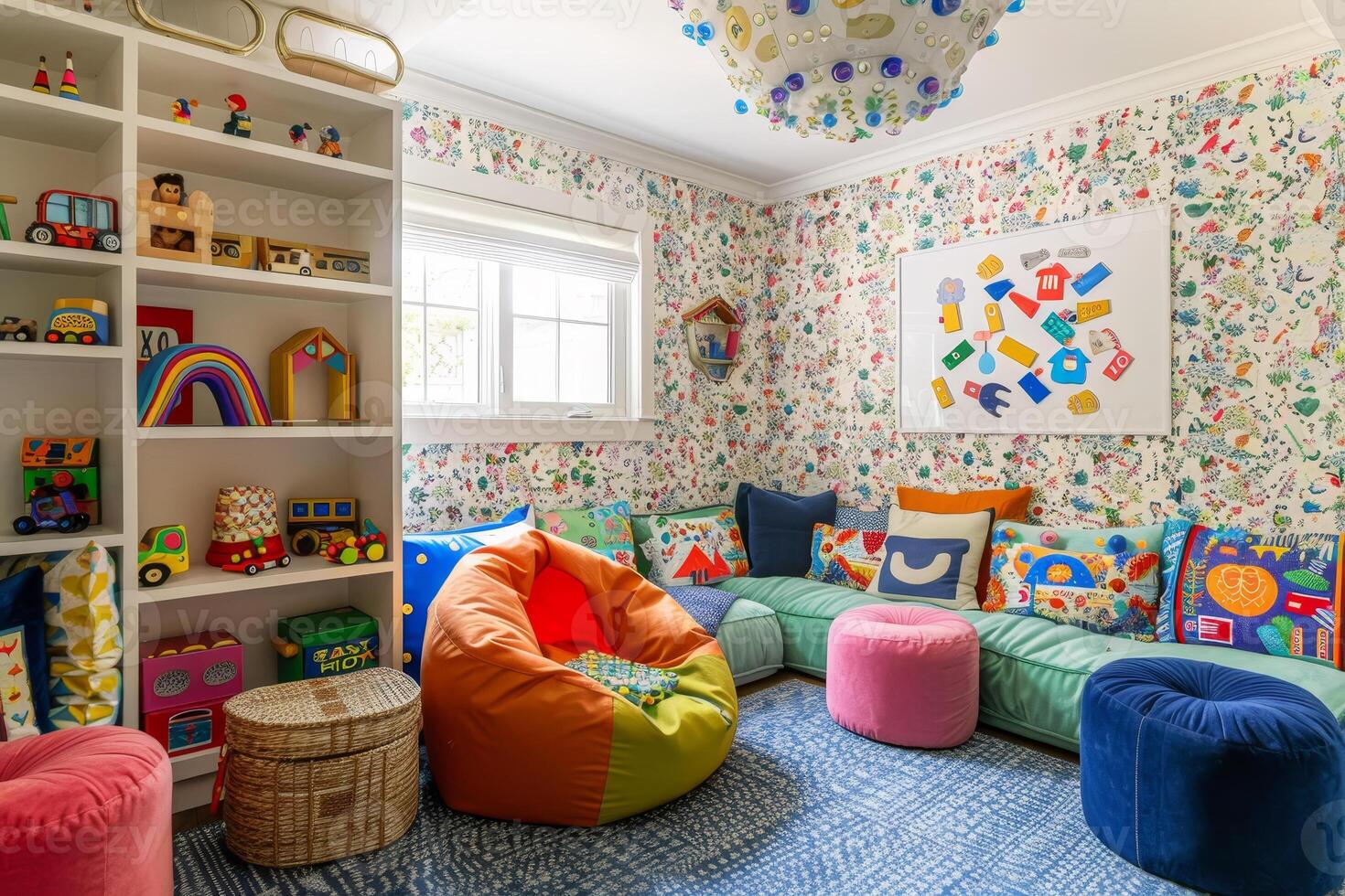 A colorful room with a lot of toys and a white wall with a picture of a car photo