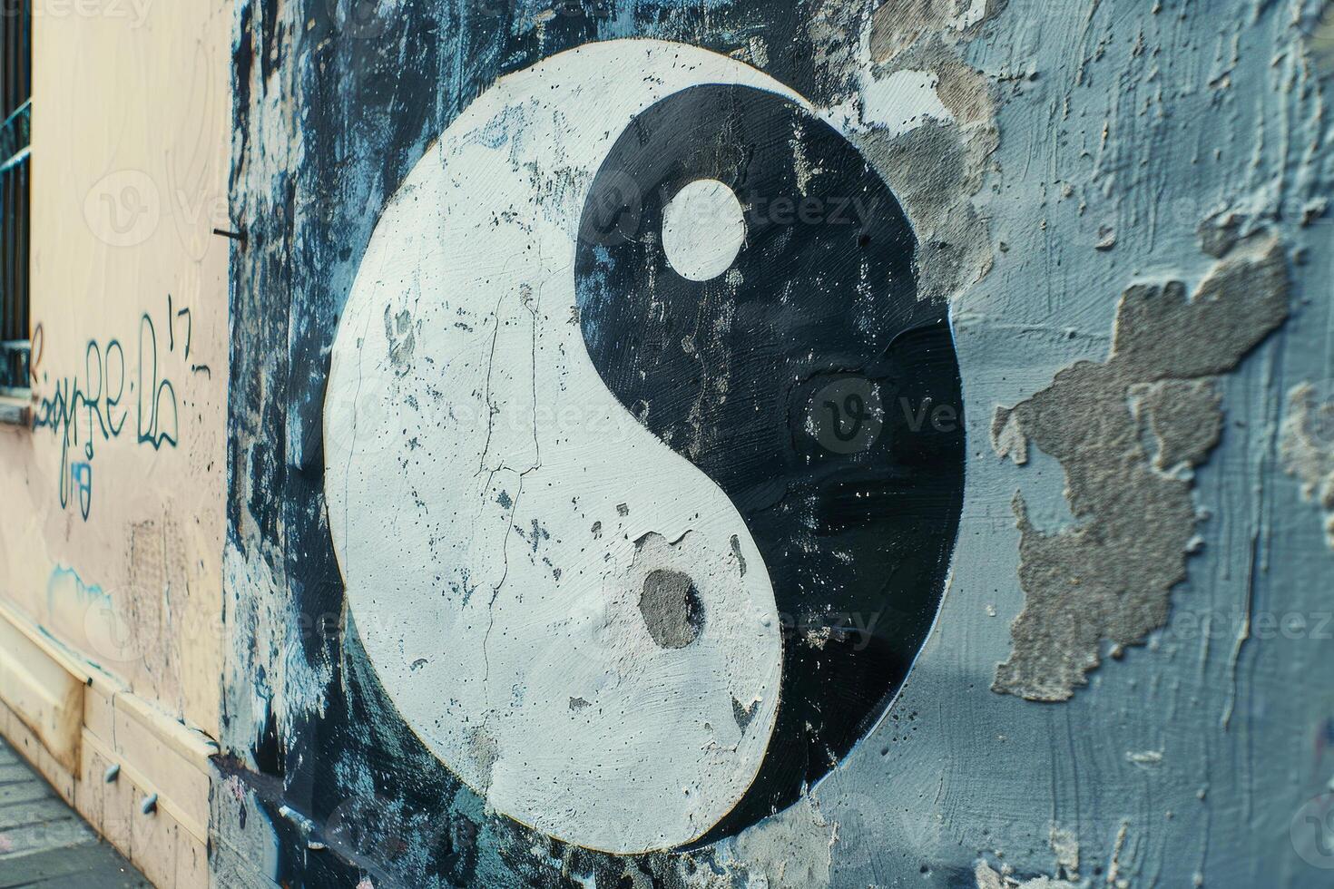A yin yang symbol painted on a wall photo