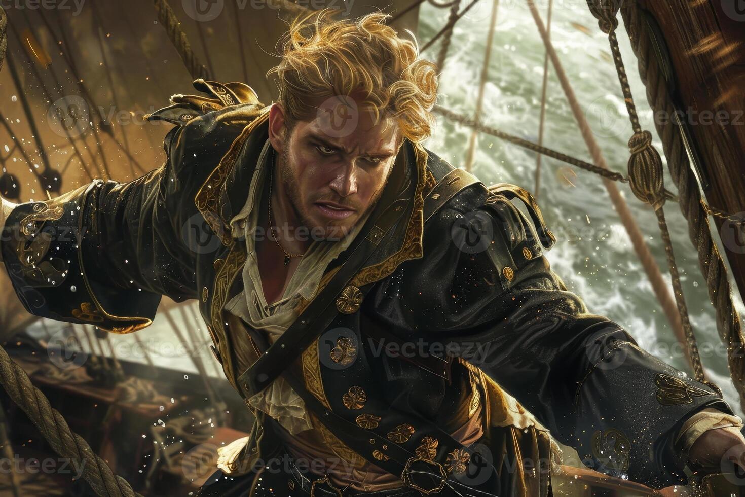 The pirate is on the deck of a ship photo