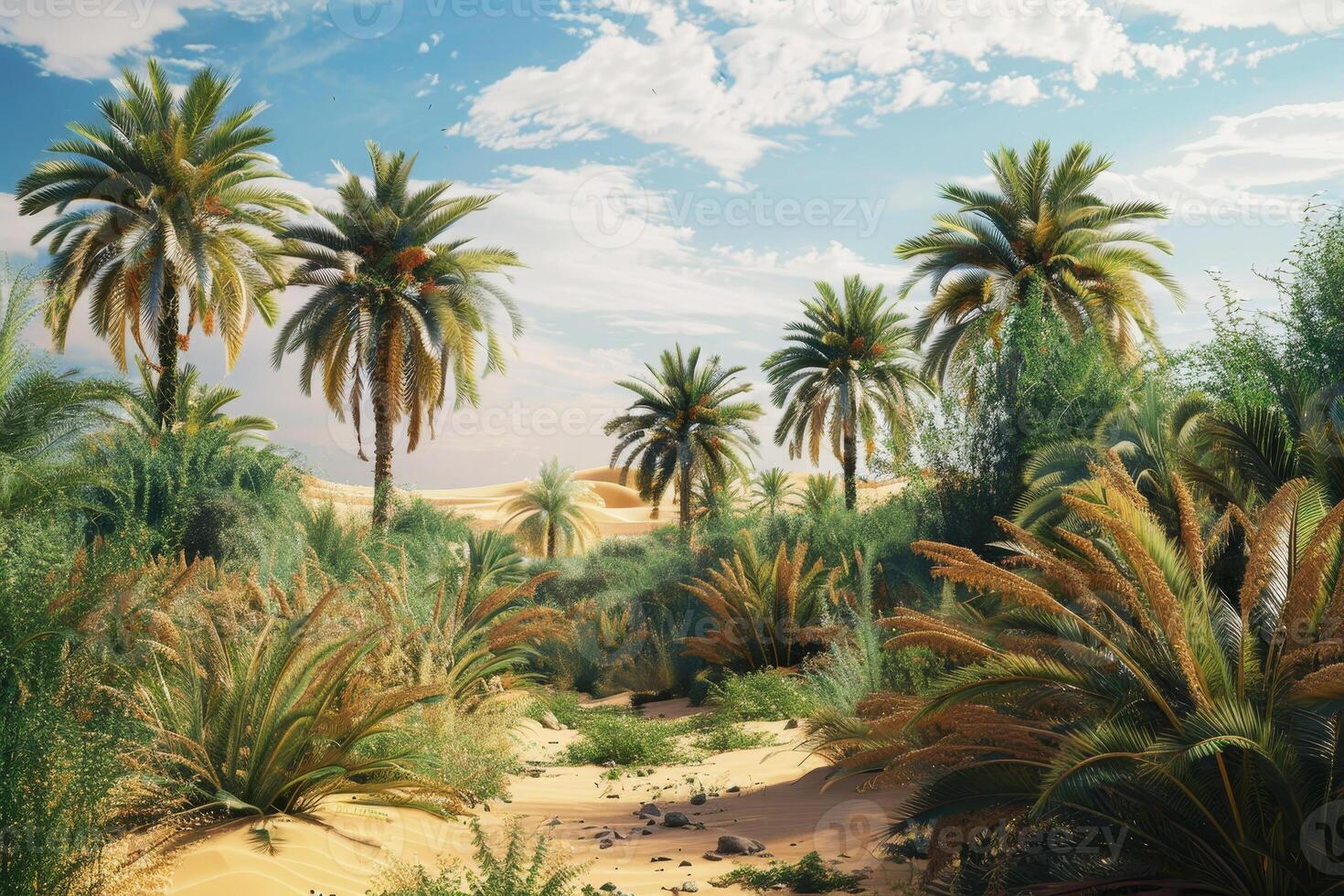A desert scene with palm trees and bushes photo