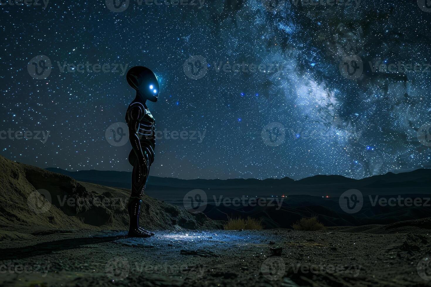 An alien stands in the desert at night photo