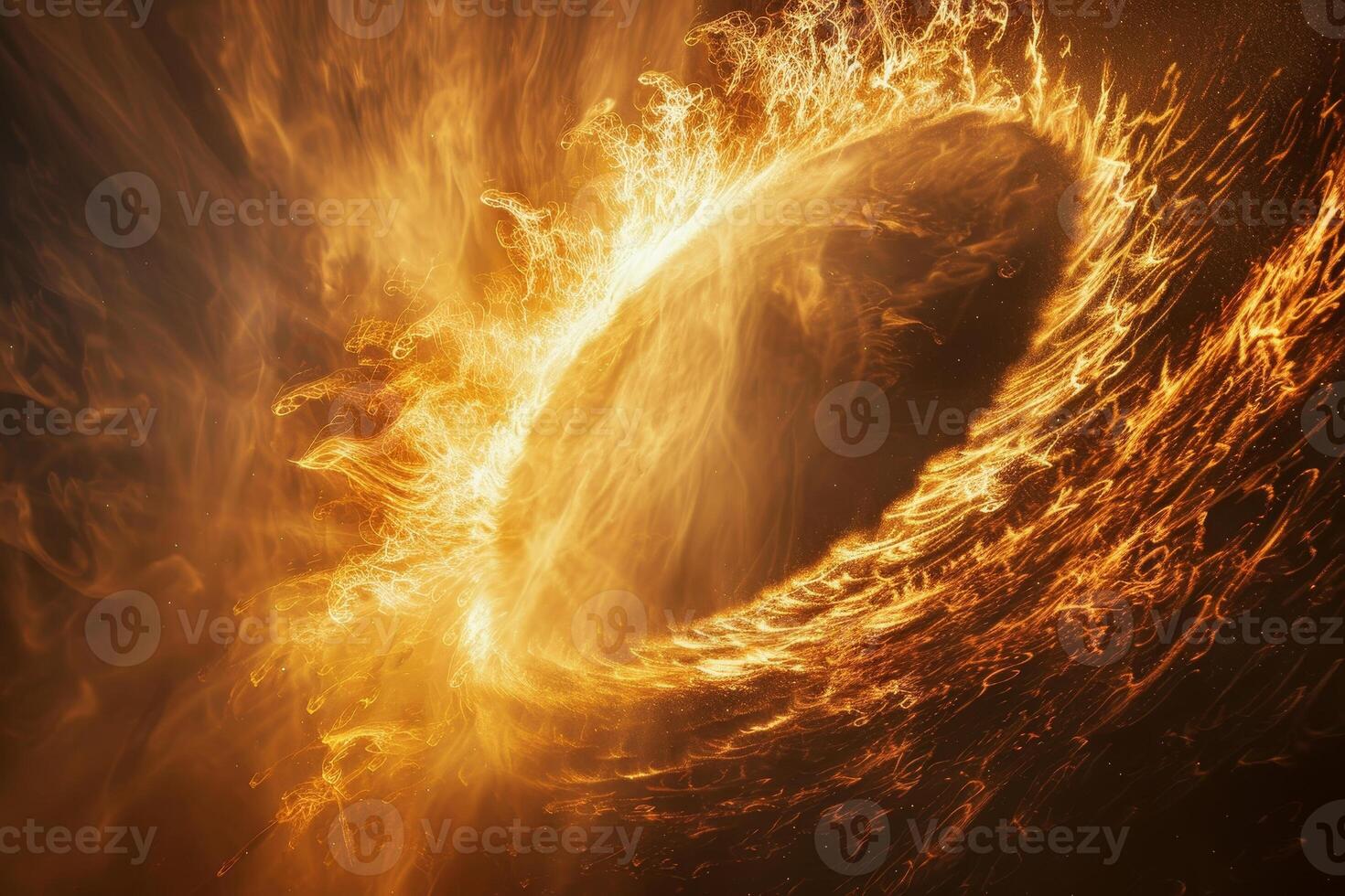 A black hole is seen in the center of a fiery ring photo