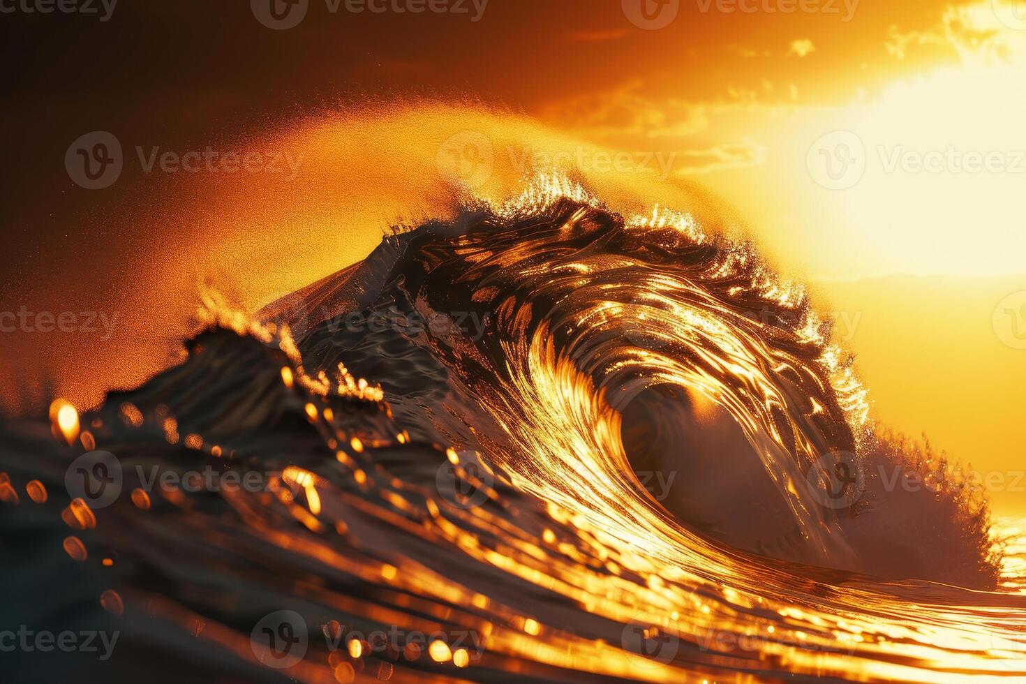 The water is a deep blue color and the sun is casting a warm glow on the scene photo