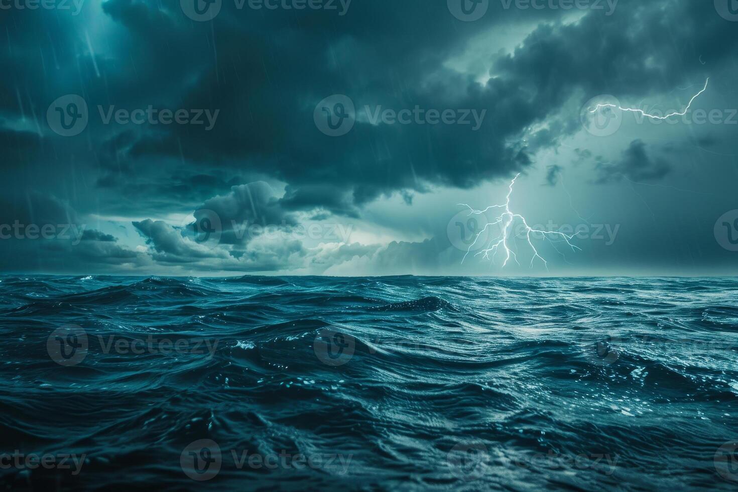 Stormy sea with lightning and stormy sky photo