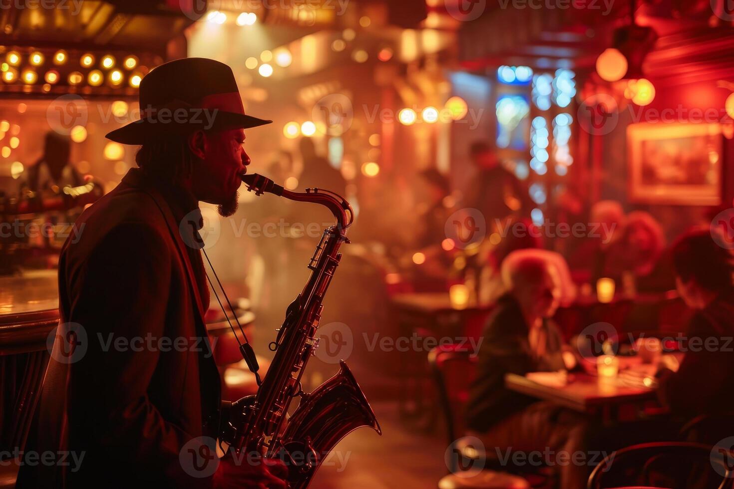 A man in a hat plays a saxophone in a bar photo
