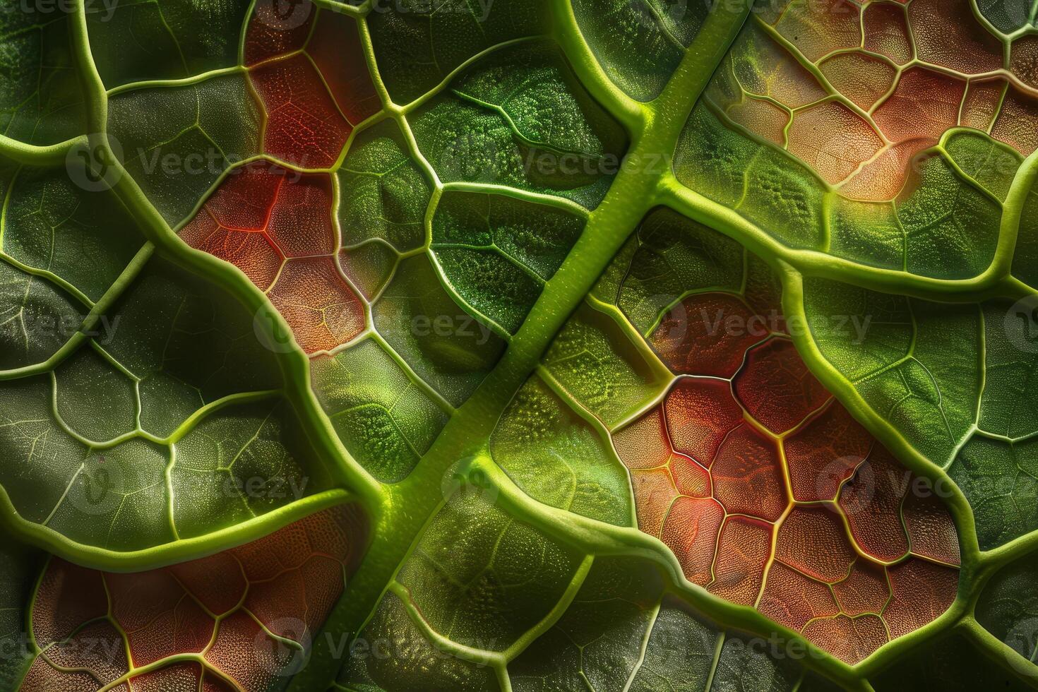 A close up of a leaf with green and red veins photo