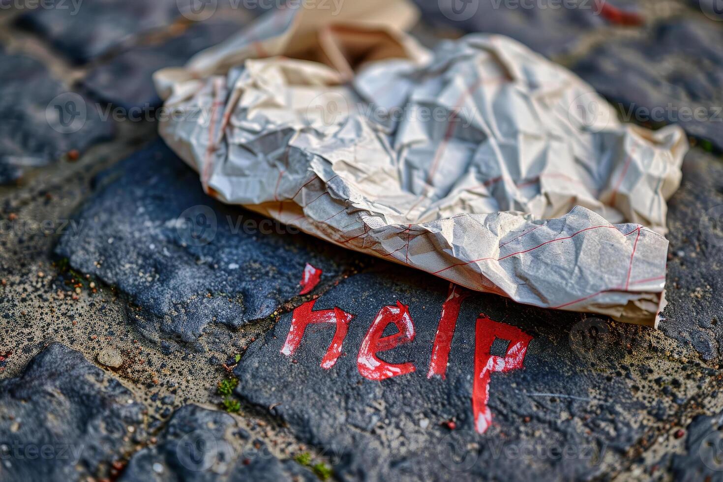 Help written on a paper bag on the ground photo