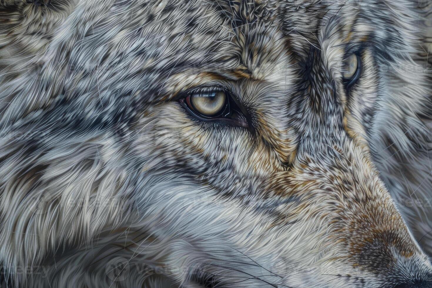 A close up of a wolf's face with a blue eye photo