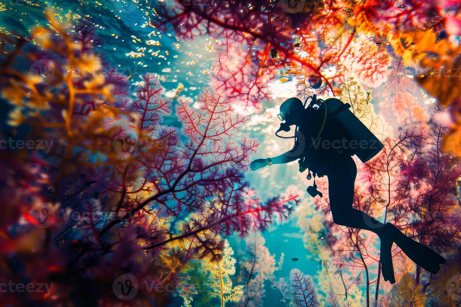 A scuba diver in the ocean surrounded by colorful coral photo