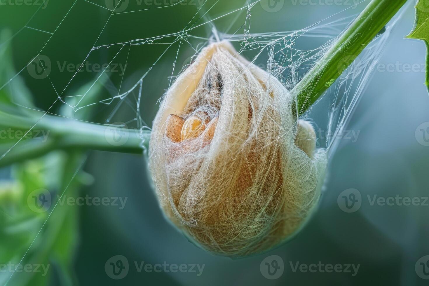 A spider web with a flower on it photo