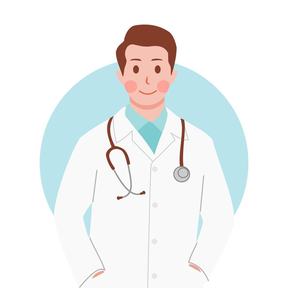 Cute male doctor illustration. Man smiling portrait with uniform vector