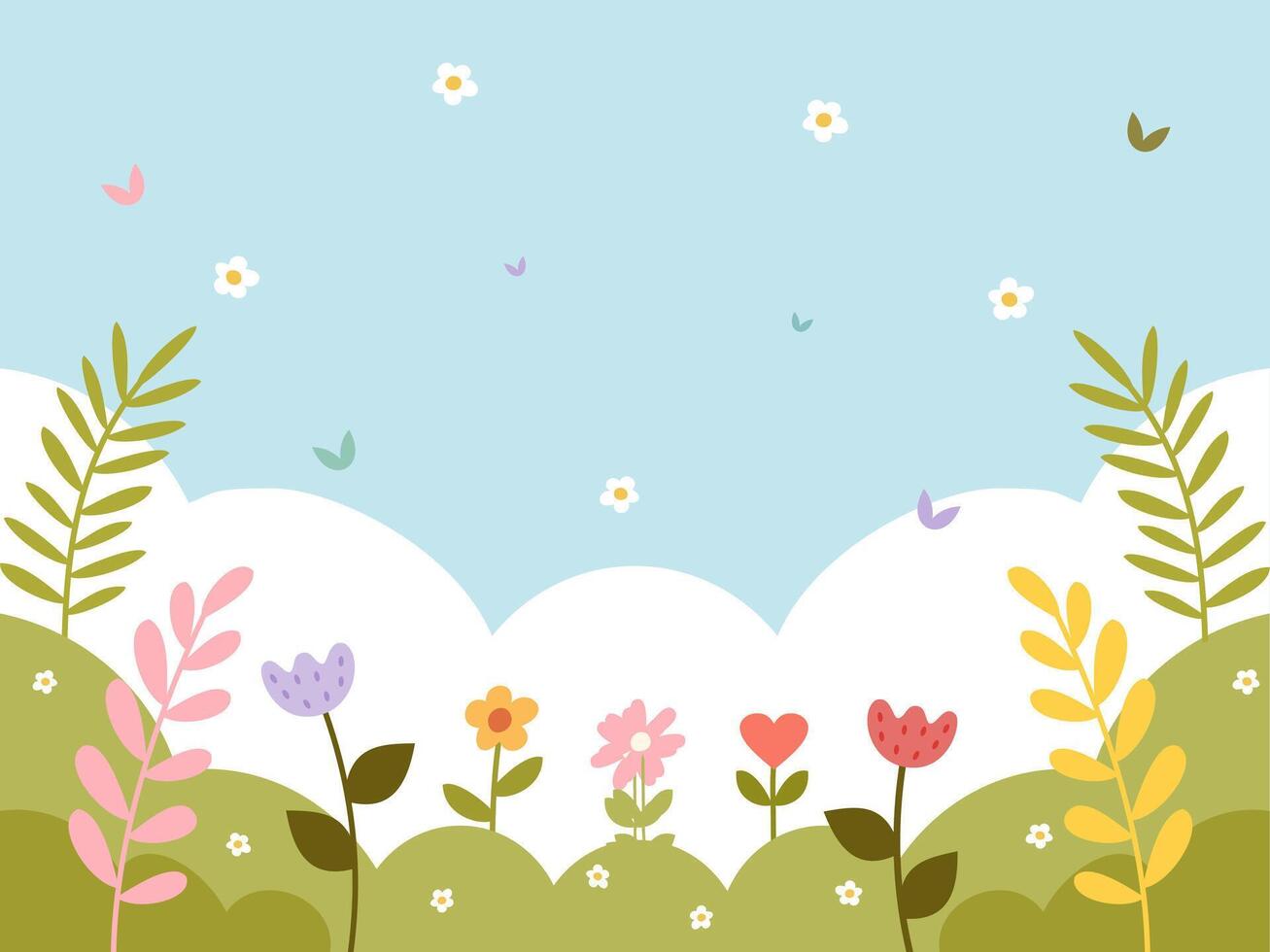 Garden spring background. Cute and colorful plants, leaves and flowers. Blue sky. Template banner vector