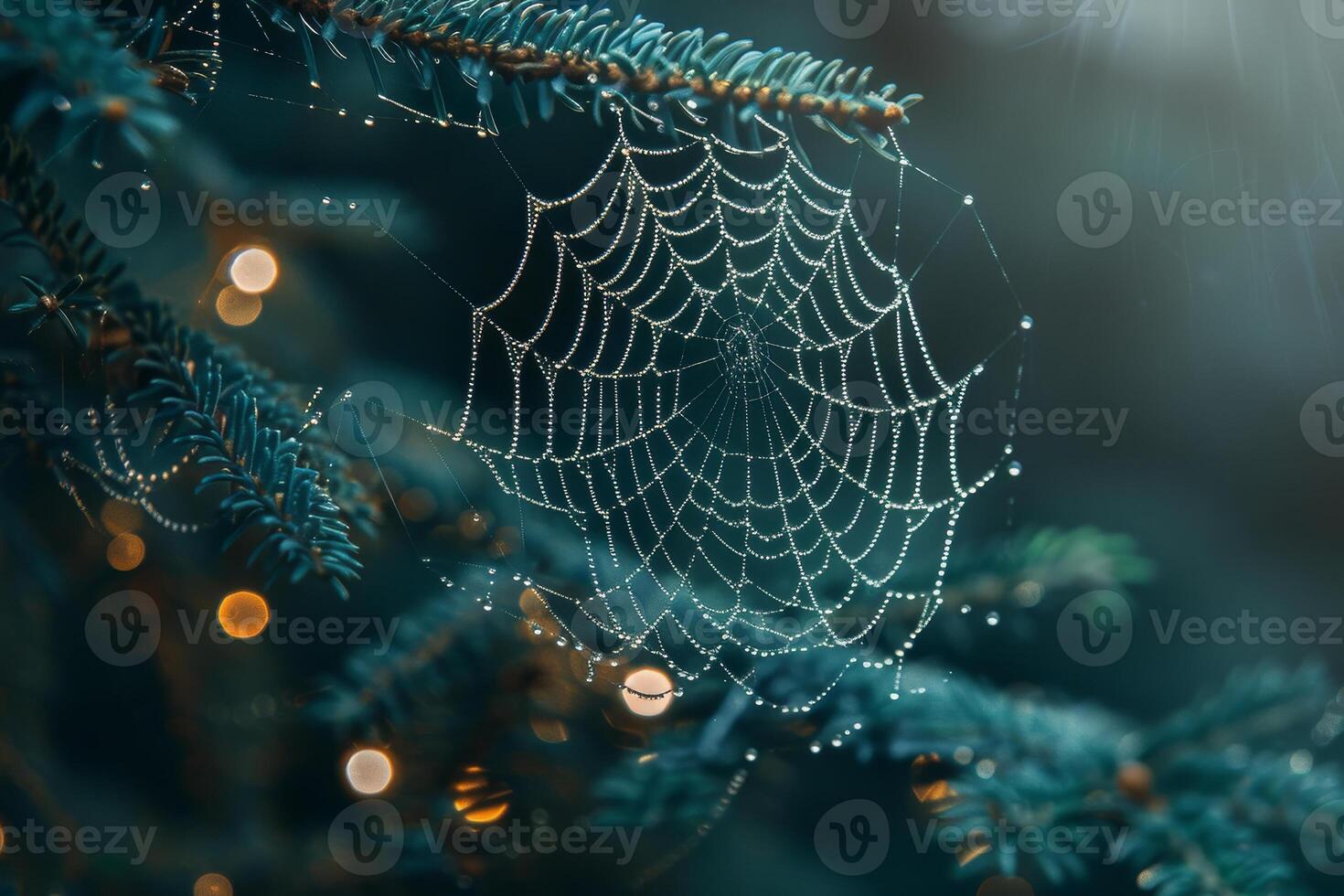 A spider web is hanging from a tree branch photo