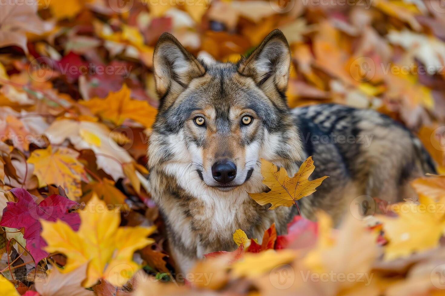 A wolf is standing in the leaves photo