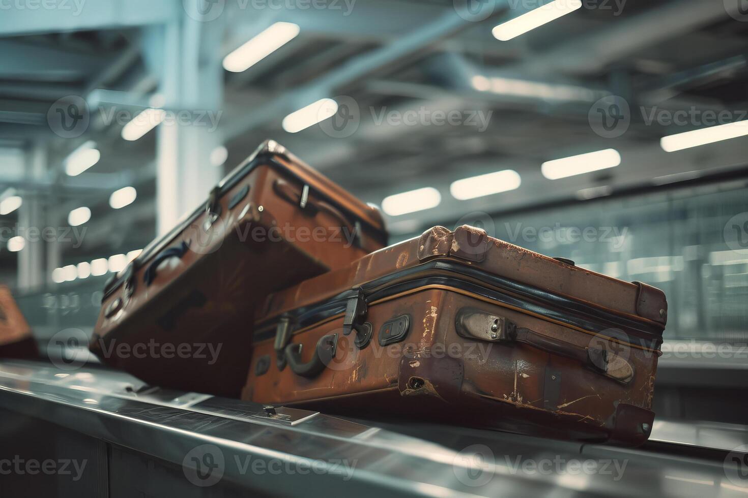 Three suitcases sitting on a conveyor belt photo