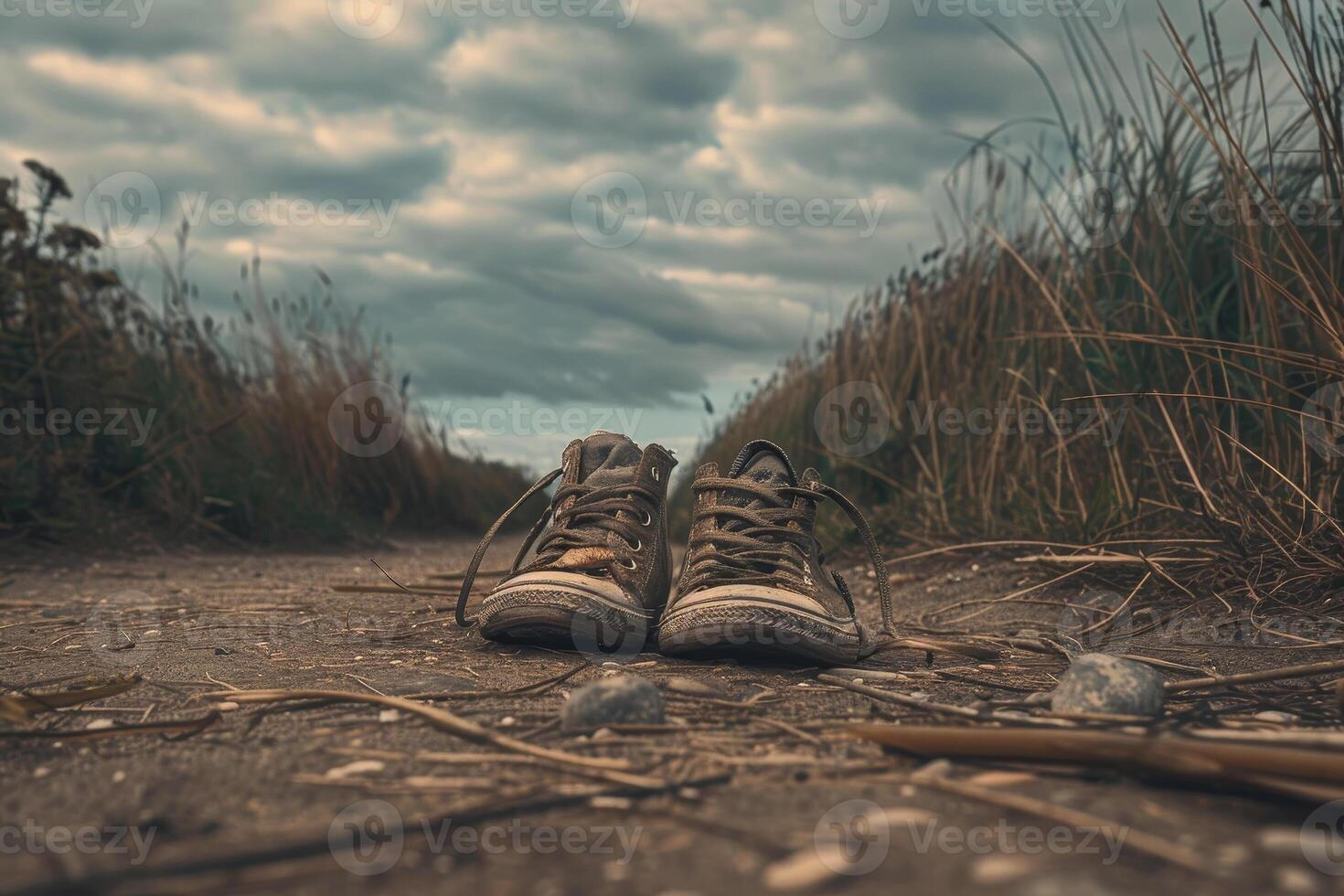 A pair of shoes sitting on the ground in a field photo