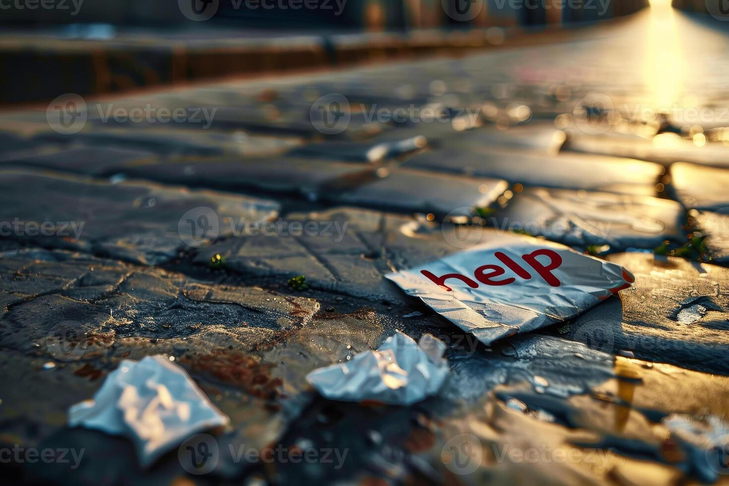 A piece of paper with the word help on it laying on the ground photo