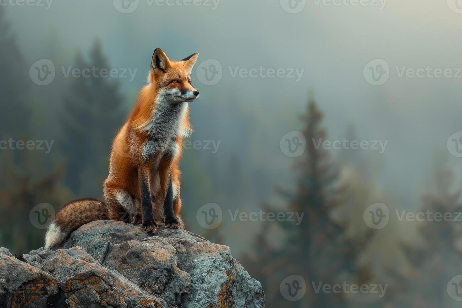 A red fox sits on a rock in the fog photo