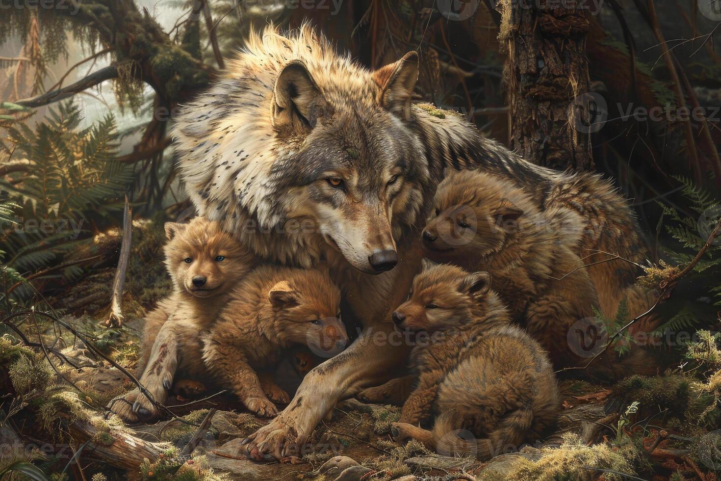 A painting of a wolf and her cubs photo