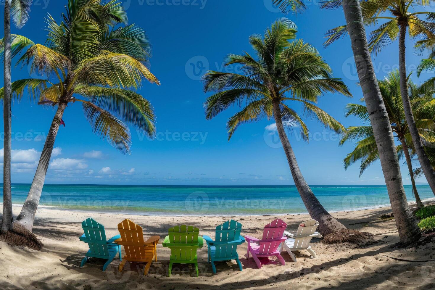 Colorful chairs on the beach with palm trees photo