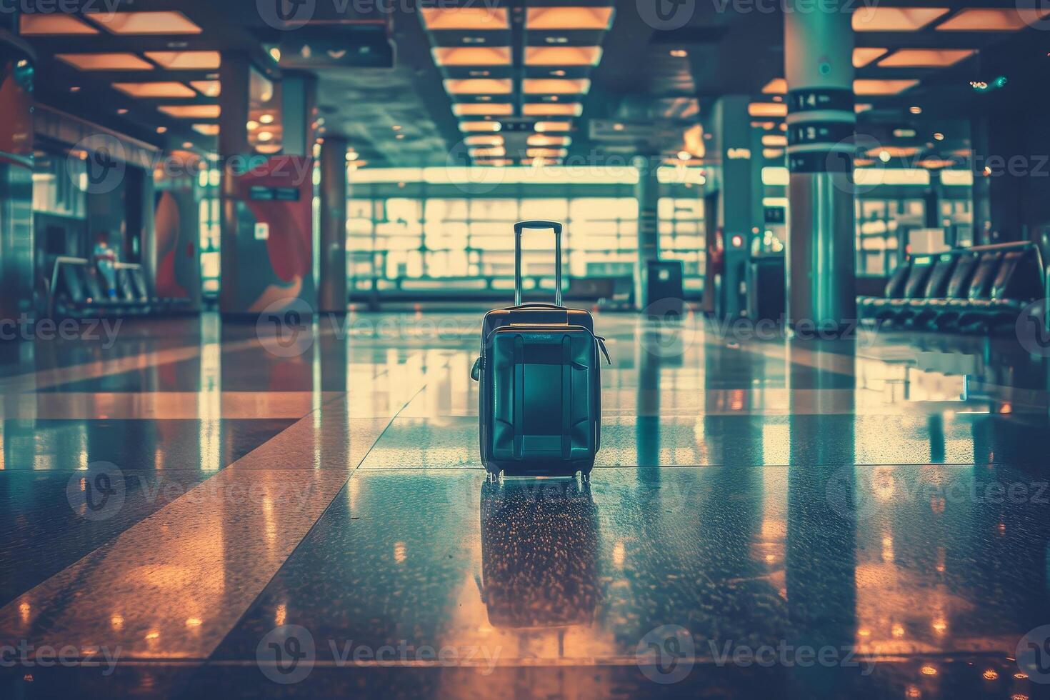A suitcase sitting on the floor in an airport photo