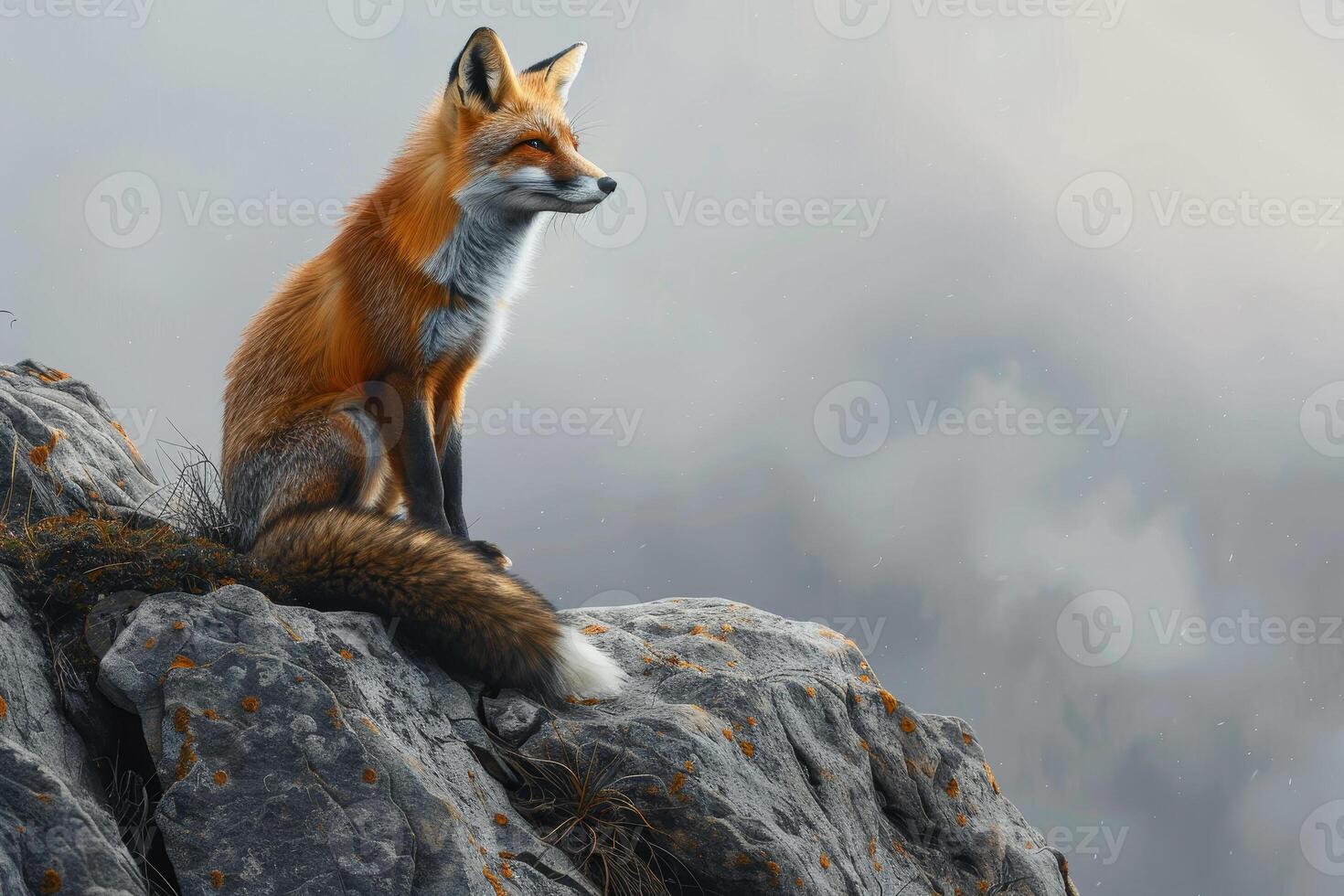 A red fox sits on top of a mountain photo