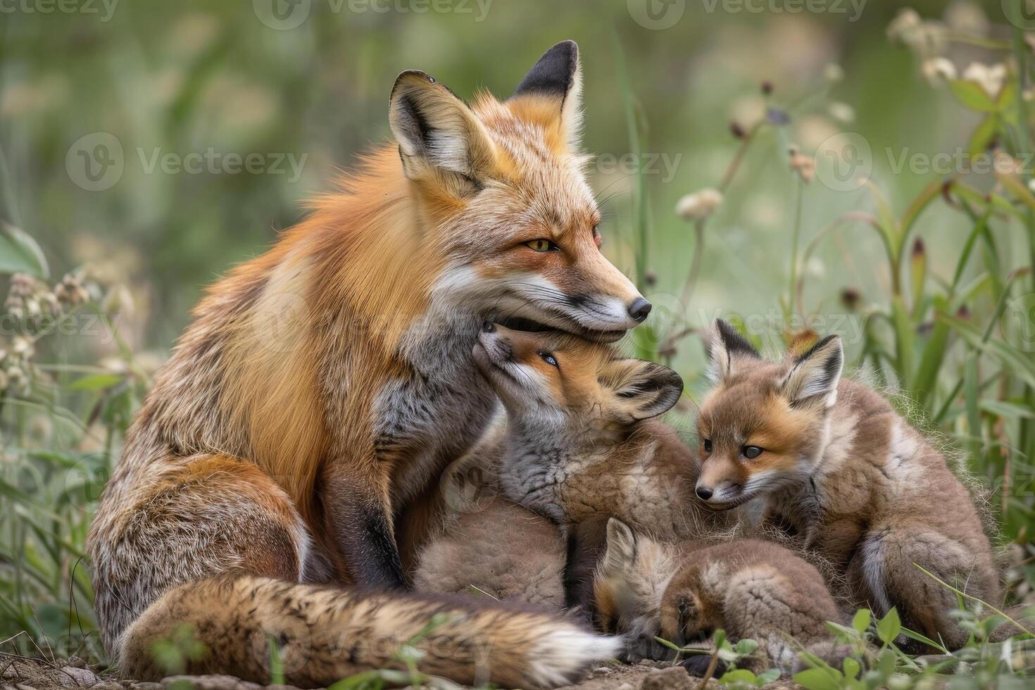 A mother fox with her young in the wild photo