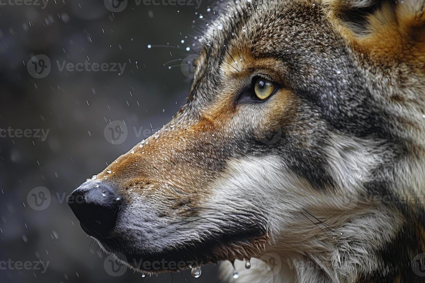 A wolf is looking into the distance in the rain photo