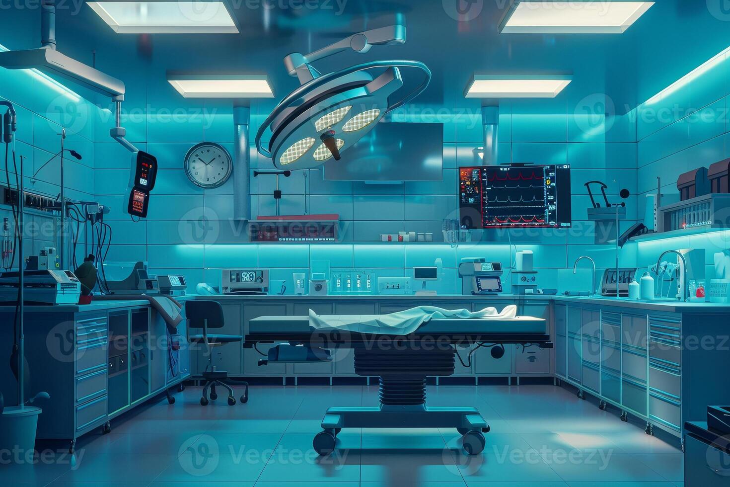 A hospital room with a surgical table and lights photo