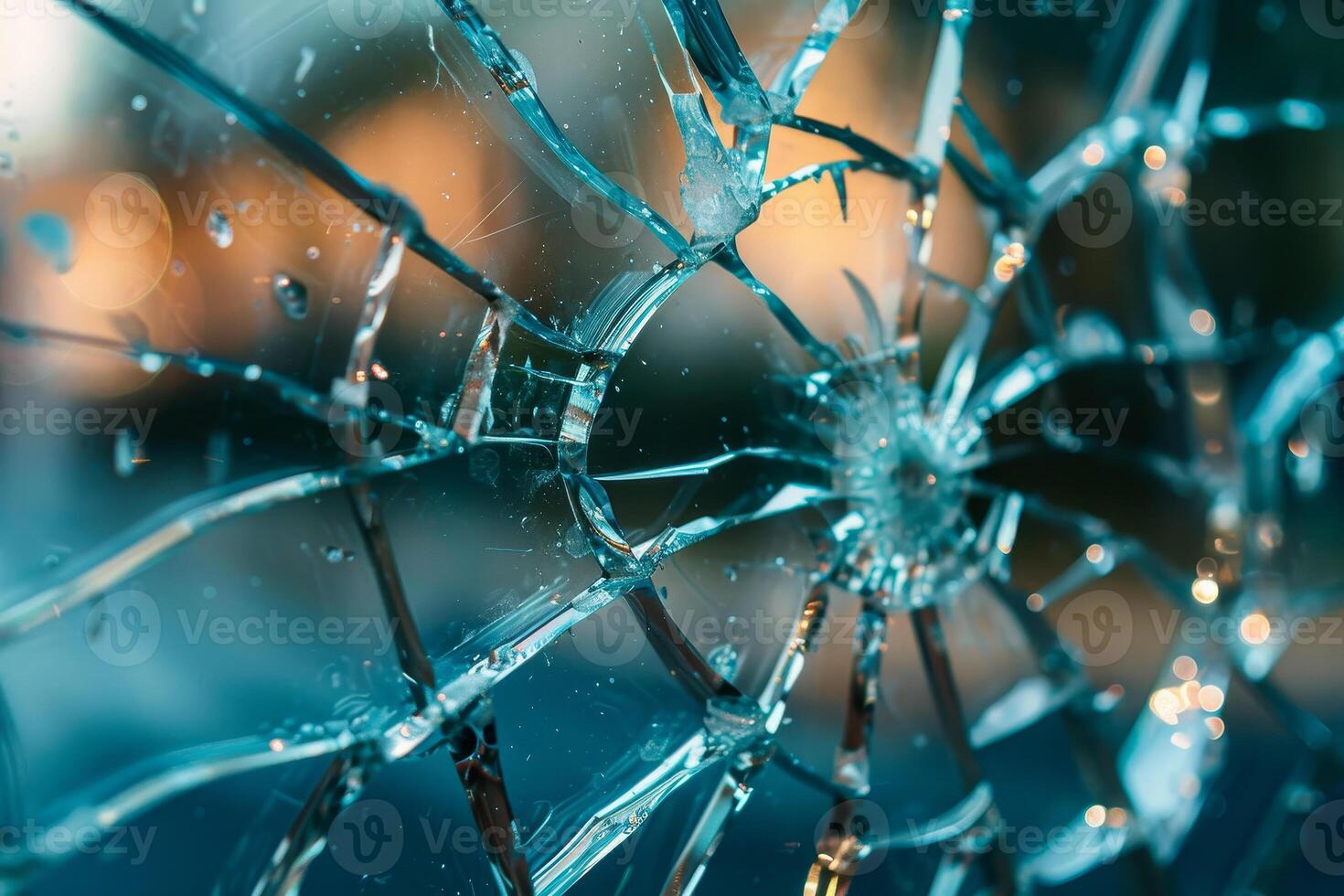 A broken glass window with a reflection of the street photo