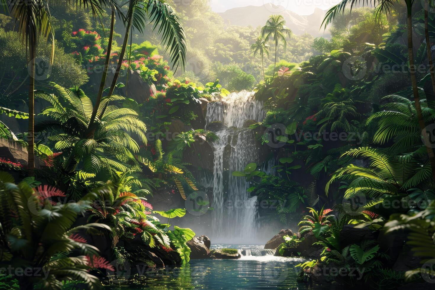 A tropical waterfall in the jungle with palm trees photo