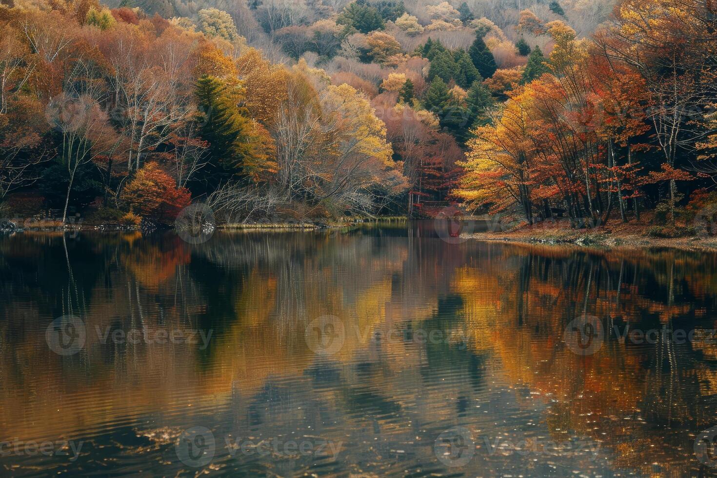 Autumn forest in the mountains with trees reflecting in the water photo