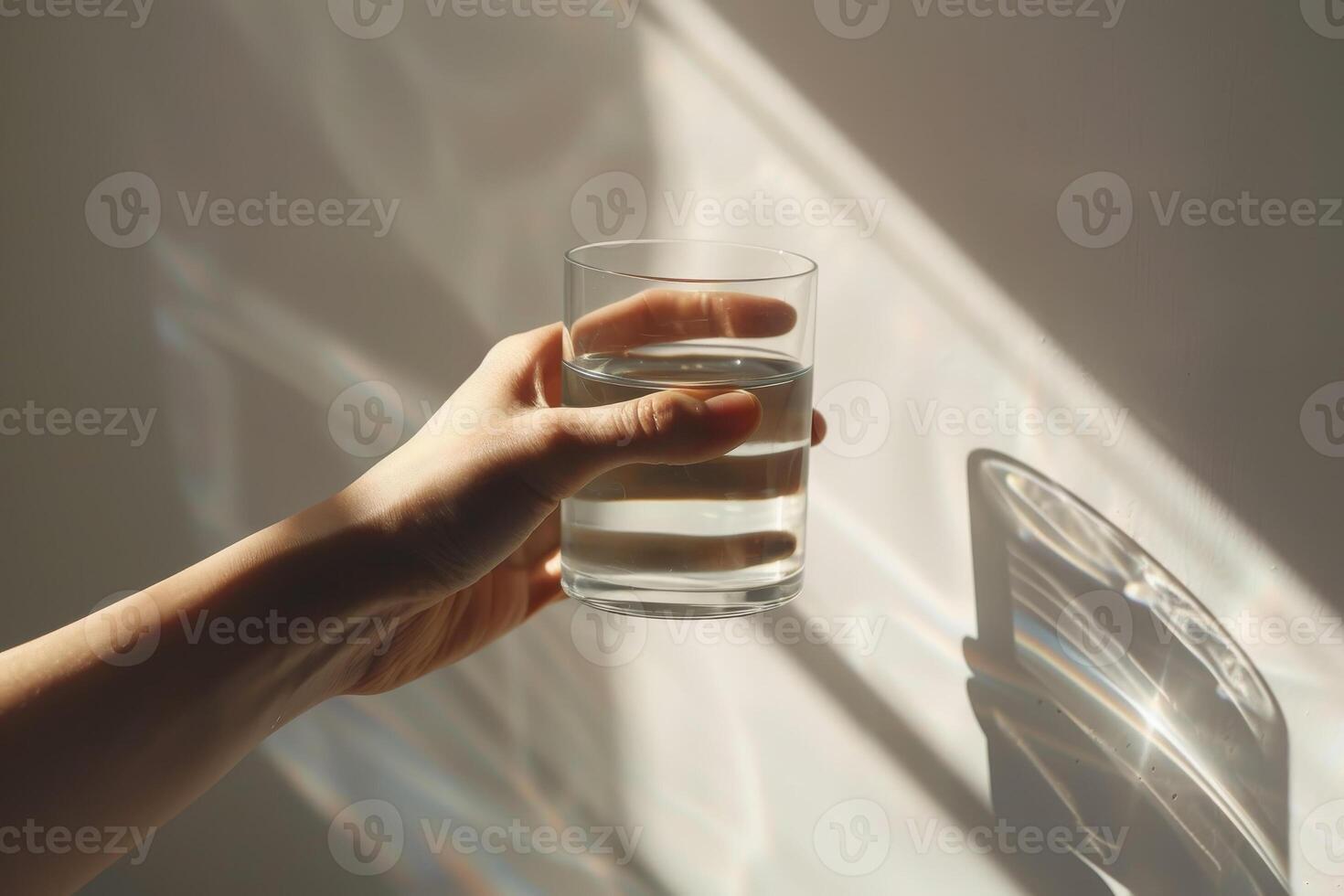 A person holding a glass of water in front of a window photo