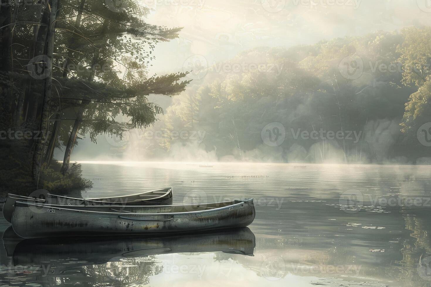 Two boats are sitting on the water in a forest photo