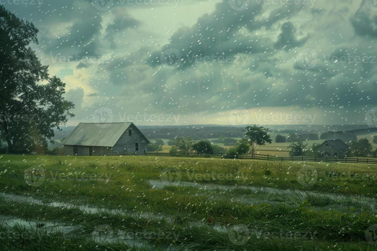 A farm in the rain with a barn and trees photo