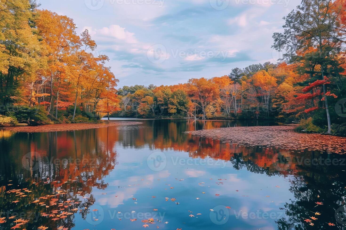 Autumn trees are reflected in a lake in the fall photo