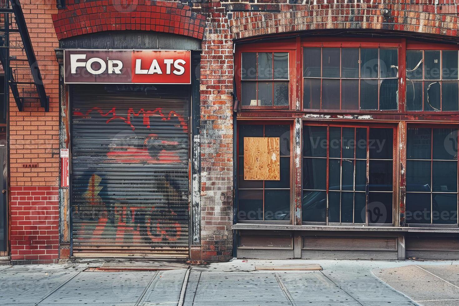 A brick building with a for rent sign on it photo