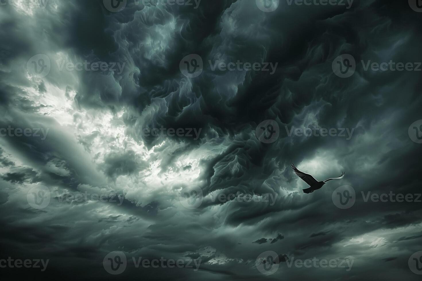 A bird flying through the clouds under a dark sky photo
