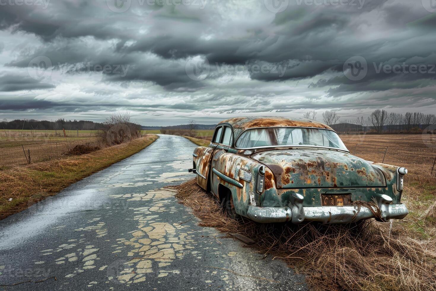 An old car is sitting on the side of a road photo