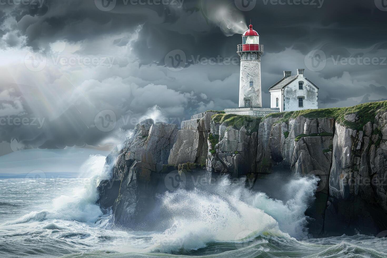 A lighthouse on a rocky cliff with waves crashing in front of it photo