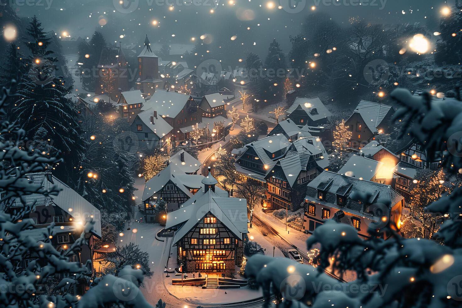 A snowy village with lights on the trees photo