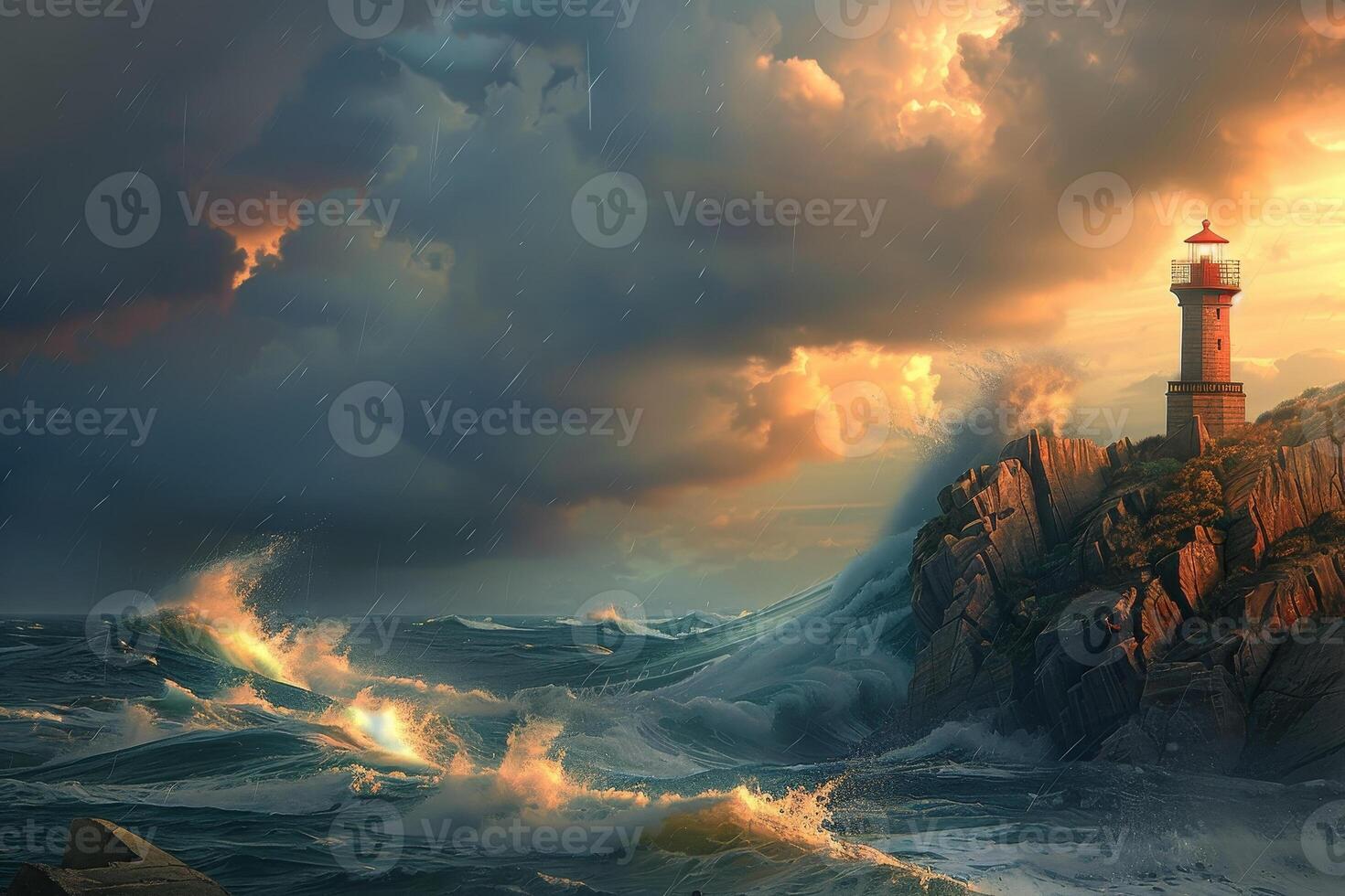 A lighthouse is surrounded by waves and rocks photo